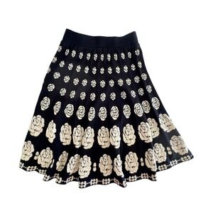 Black and Cream Rose Floral Knit A-Line Skirt Elastic Waist Flare Midi Rare
